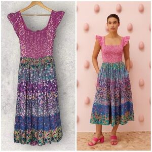 Caroline Constas Floral Print Smocked Midi Dress Size Small